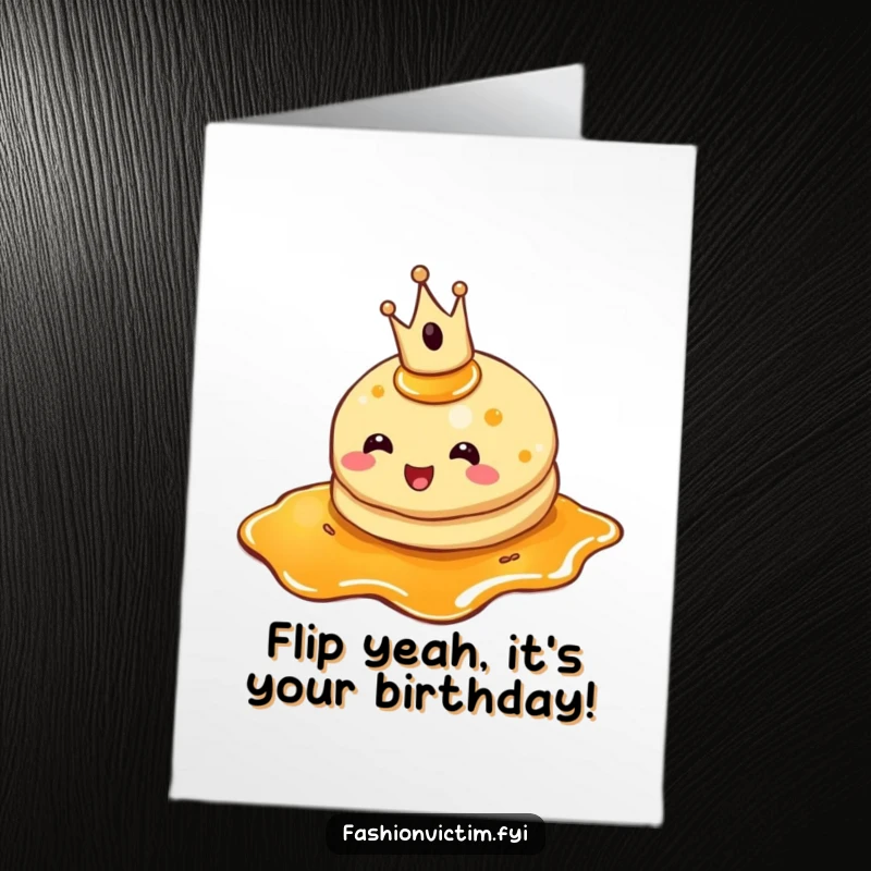 Funny Free Printable Birthday Card: A cheerful pancake wearing a crown trips on syrup, celebrating a birthday.