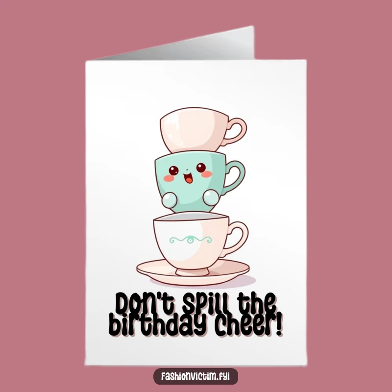 Free Printable Birthday Card: Bewildered Teacup for a Balancing Act Celebration
