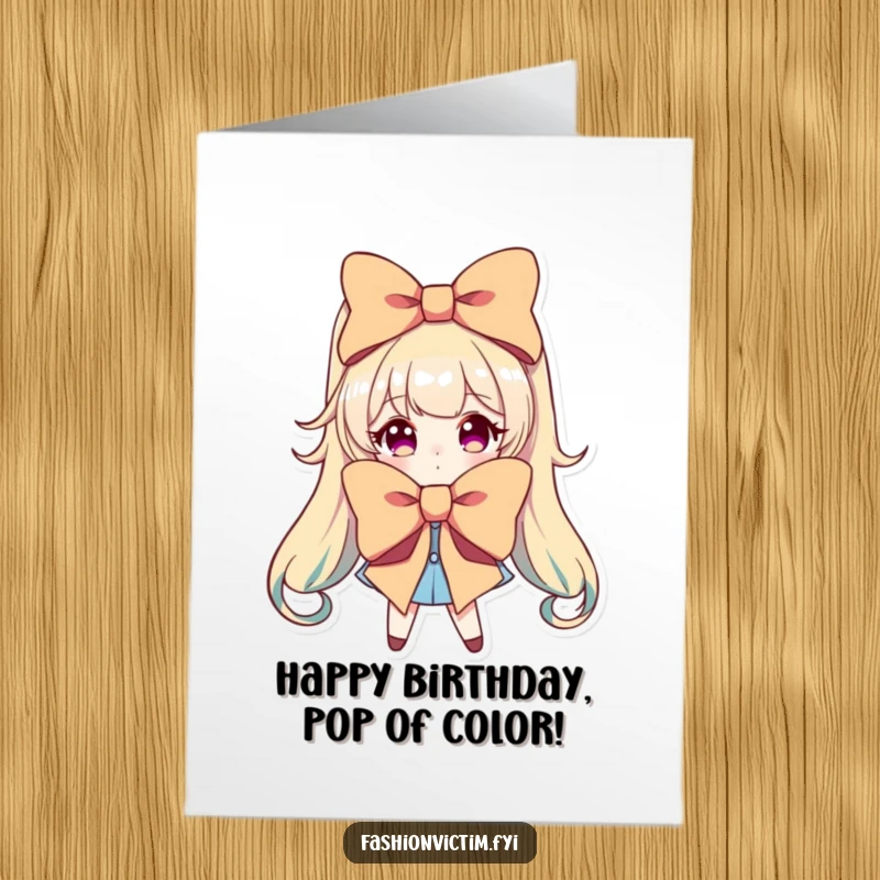 Funny Free Printable Birthday Card: Character strikes a pose with a huge, brightly colored bow, pure drama.