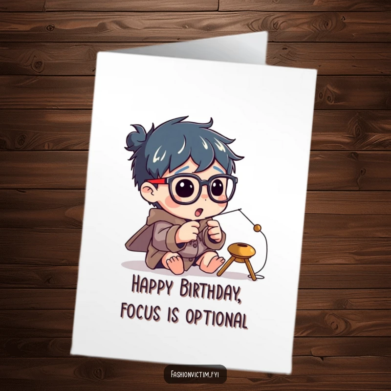 Funny Free Printable Birthday Card: Character with huge glasses tries to thread tiny needle, a comical focus.