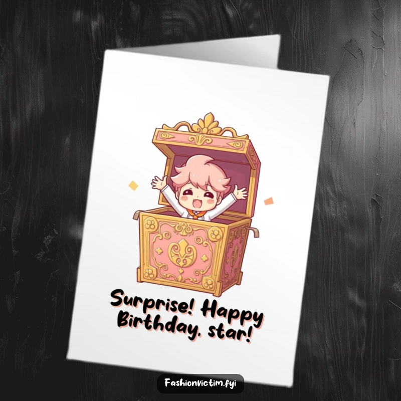 Funny Free Printable Birthday Card of a character dramatically bursting from an ornate box with arms outstretched, full of excitement.
