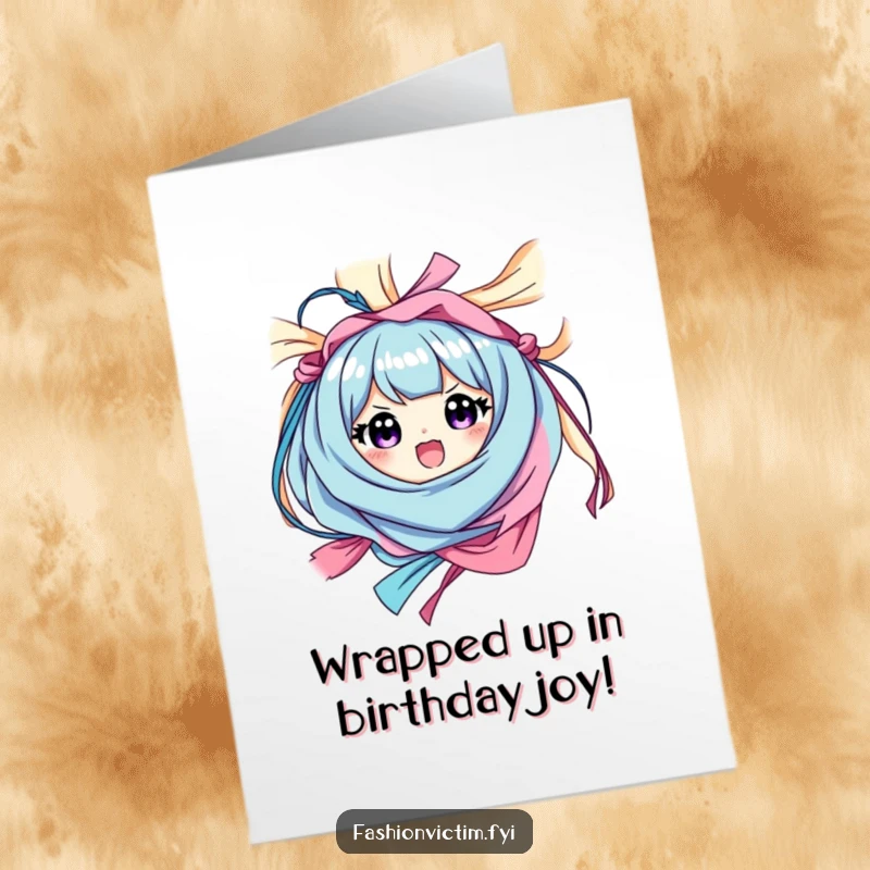 Funny Free Printable Birthday Card: Person happily surprised while wrapped in vibrant colorful fabric.