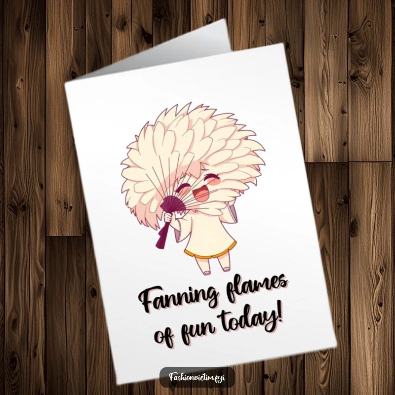 Funny Free Printable Birthday Card: Character excitedly gesturing with a giant feathery fan hiding their face, birthday fun.