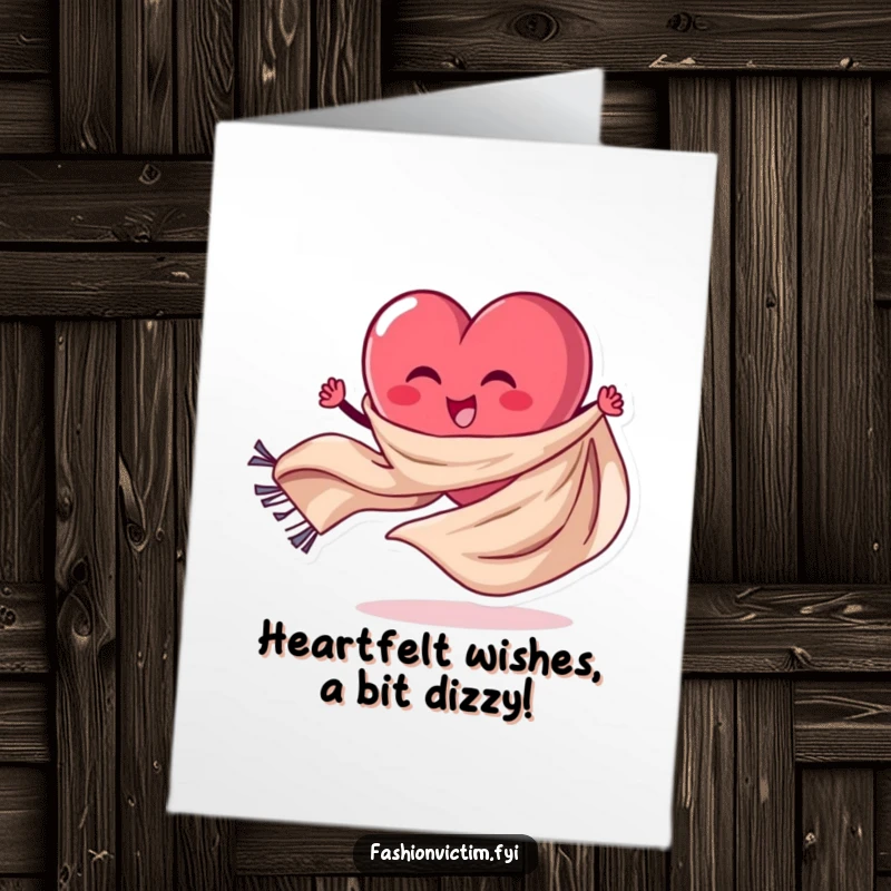 Funny Free Printable Birthday Card: Stylized heart character joyfully spinning a long, flowing fabric scarf with a huge smile.