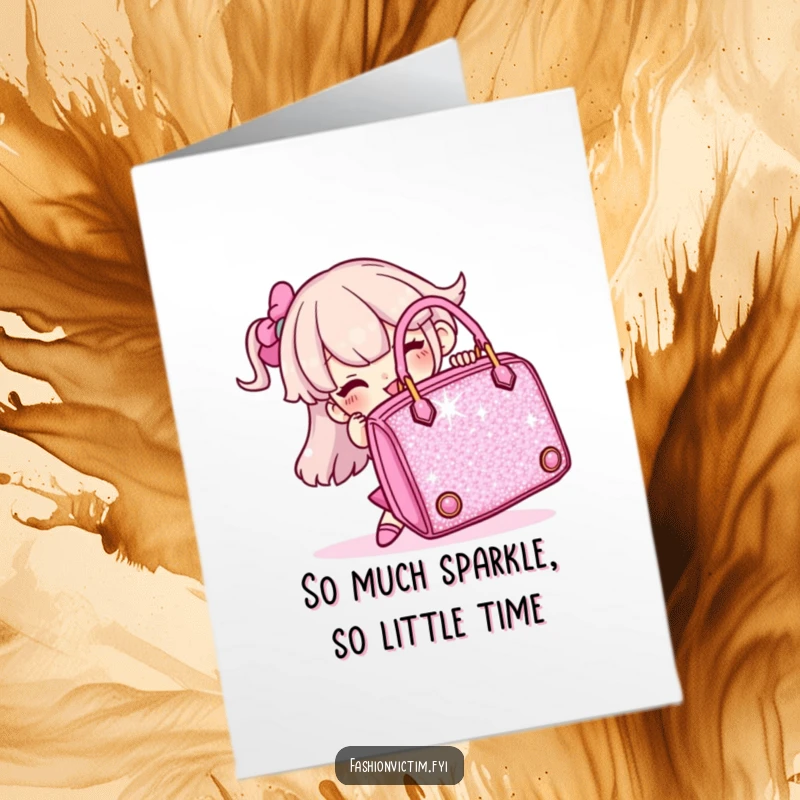 Funny Free Printable Birthday Card: Woman hilariously wrestling a giant sparkly handbag, perfect for a laugh.