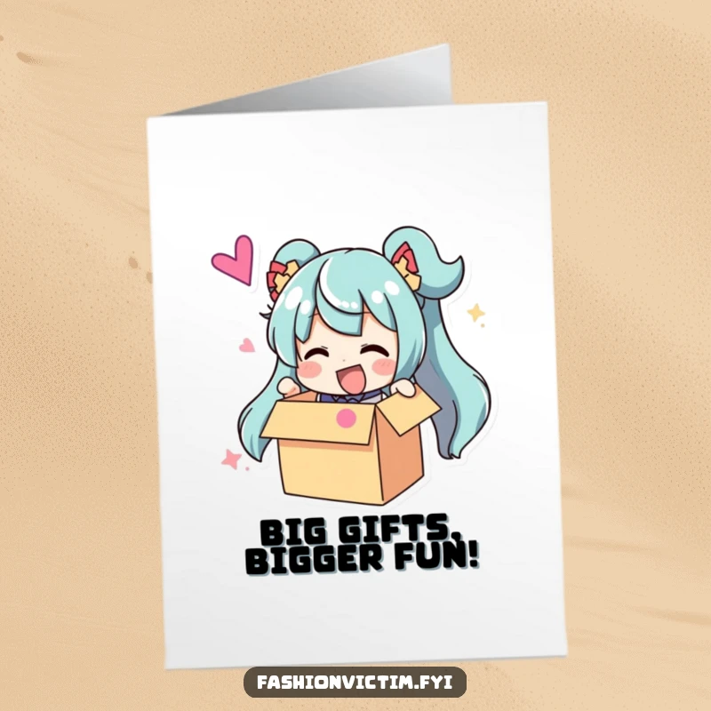 Funny Free Printable Birthday Card: Excited character unboxing a ridiculously large, brightly colored accessory with pure joy.