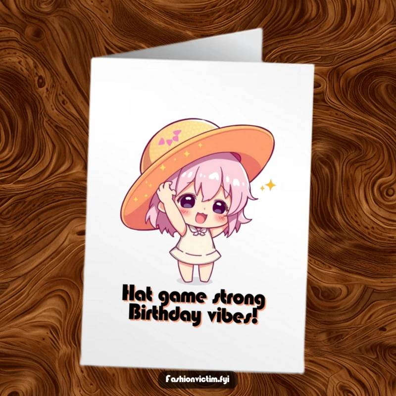 Funny free printable birthday card showing a character shoving a large, sequined hat onto their head with playful abandon.