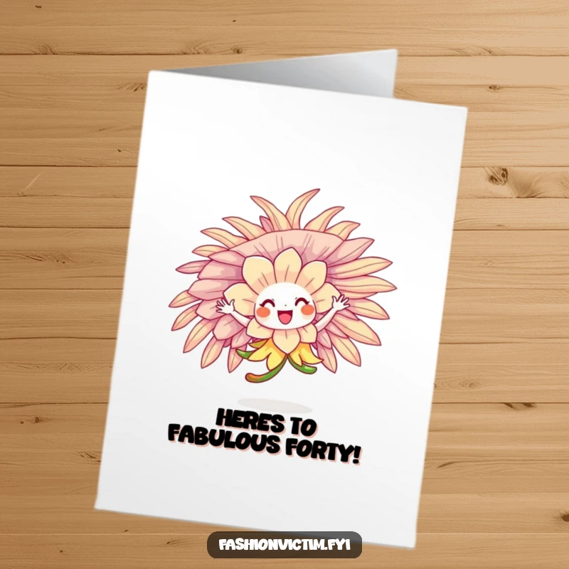 Funny Free Printable Birthday Card: A cheerful flower character joyfully twirling in an enormous, fabulous feathered hat, embodying pure celebration.