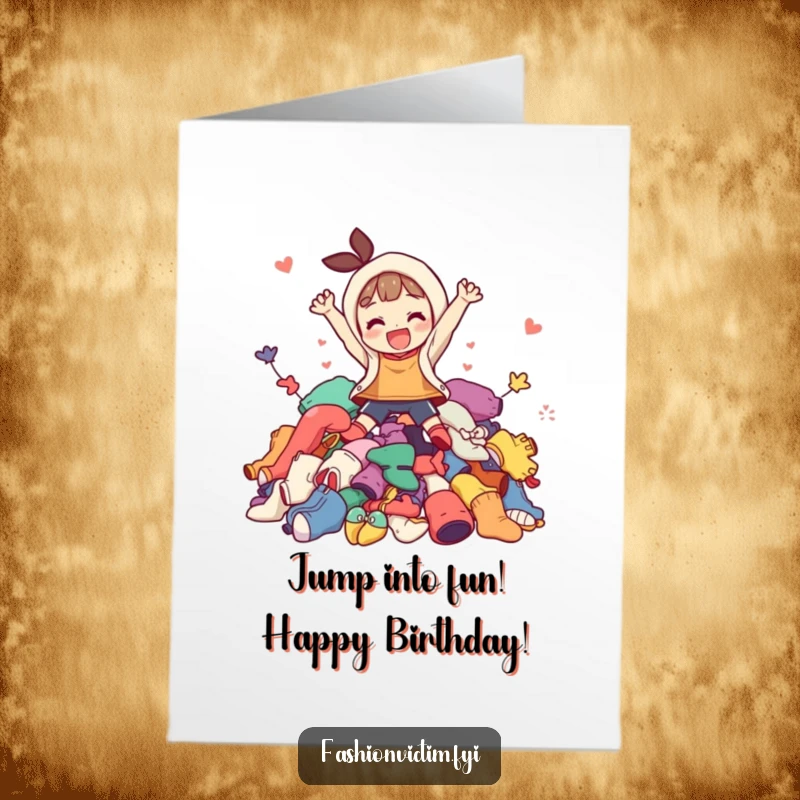 Funny Free Printable Birthday Card: Character joyfully leaping into a vibrant pile of mismatched clothing, celebrating with fashion fun.