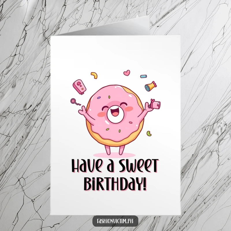 Funny Free Printable Birthday Card: A pink donut character joyfully juggles colorful accessories, celebrating a birthday with sweet enthusiasm.