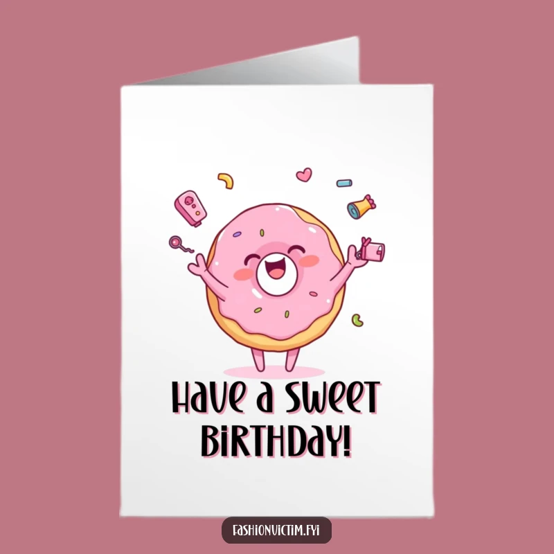 Free Printable Birthday Card: Juggling Donut, Fun Festive Downloadable Gift