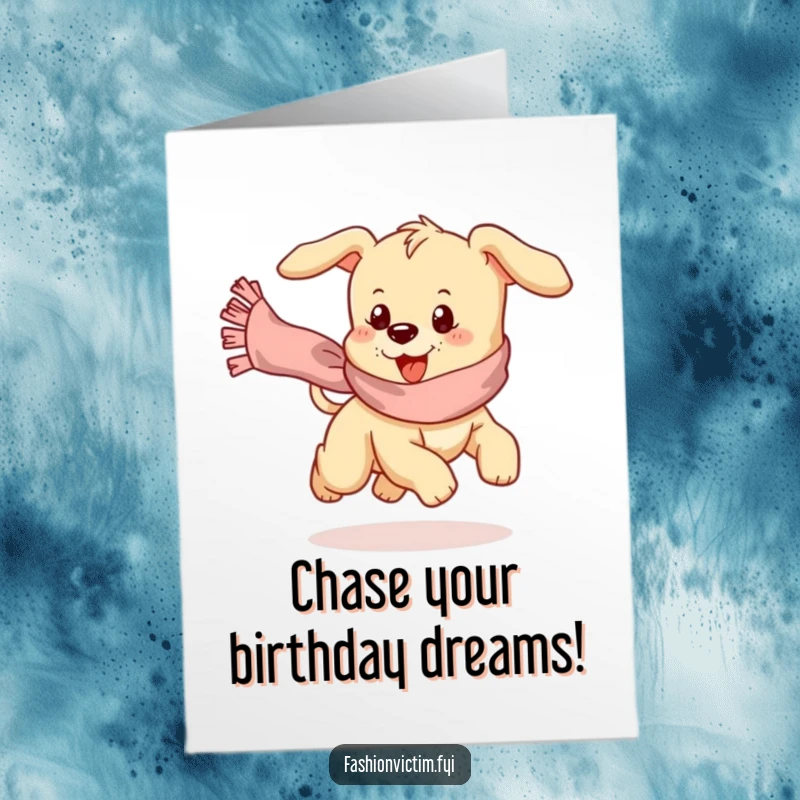 Funny Free Printable Birthday Card showing a playful puppy enthusiastically chasing a runaway, frilly scarf in a blur.