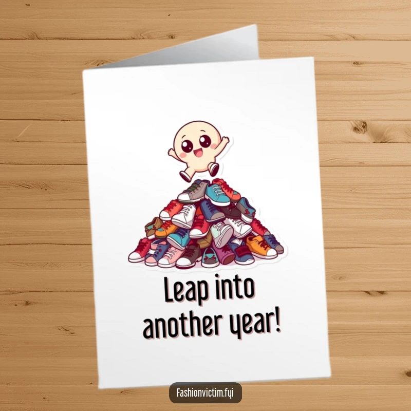Funny Free Printable Birthday Card: Small round character with big eyes joyfully leaps over a pile of mismatched shoes.