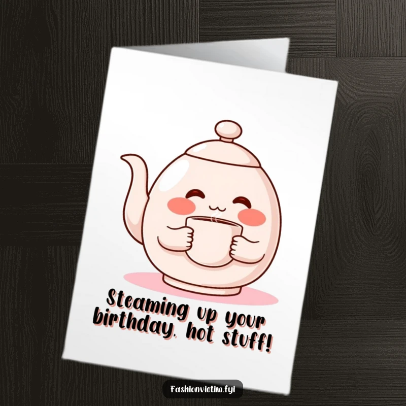 Funny free printable birthday card featuring a shy teapot character blushing red, holding a steaming cup, perfect for a unique DIY gift.