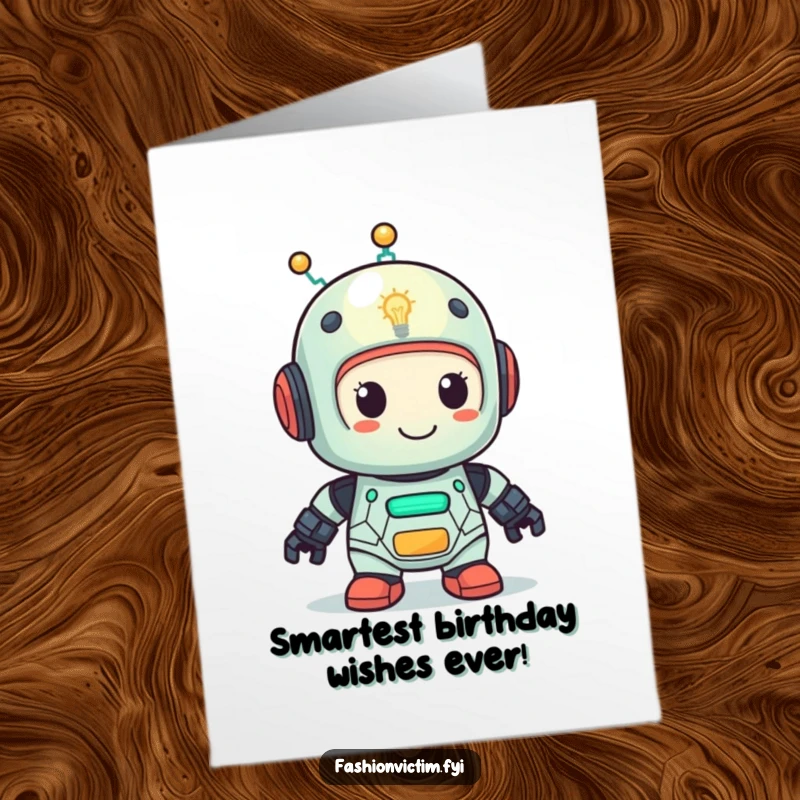 Funny Free Printable Birthday Card: A cute robot with a lightbulb head smiling, symbolizing bright birthday ideas.