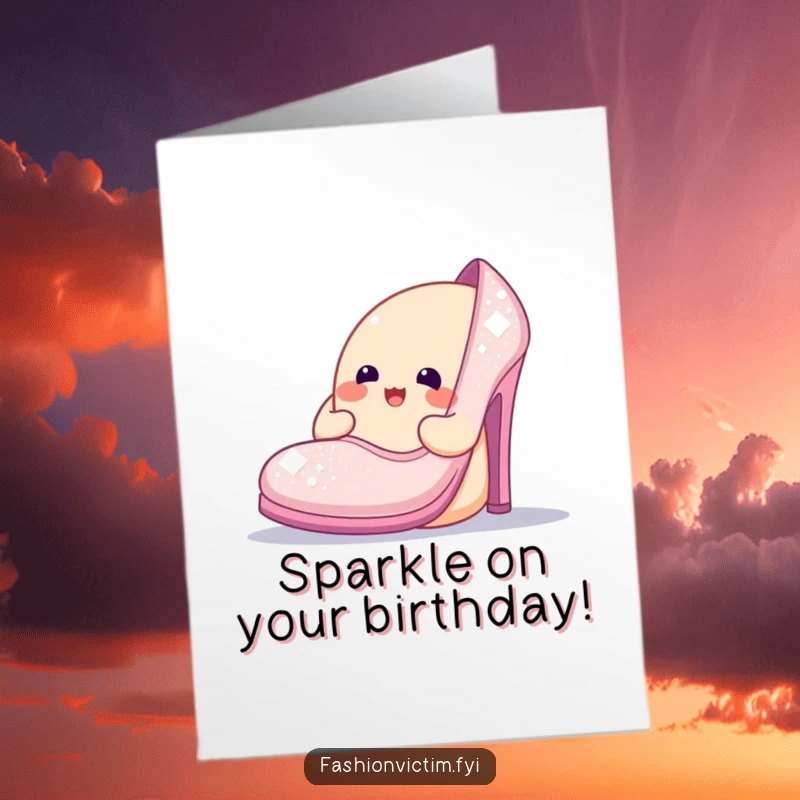 Funny Free Printable Birthday Card: Cheerful blob character admires a ridiculously large, sparkly shoe, great for a DIY gift.