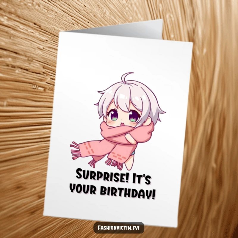 Funny Free Printable Birthday Card showing a character joyfully surprised while tangled in a long, flowing scarf.