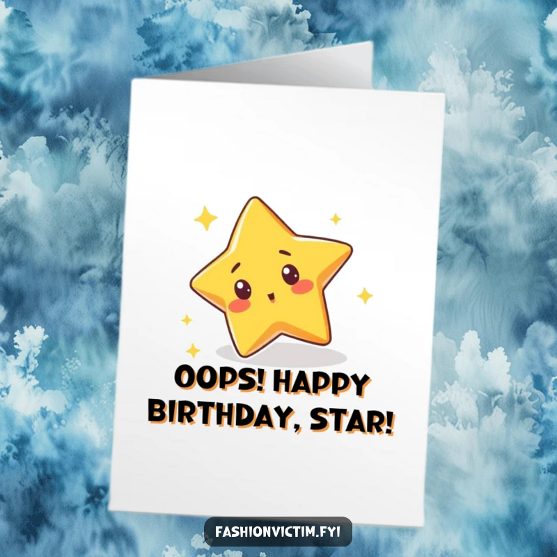 Funny Free Printable Birthday Card: A cute star trips on its own sparkle with a shocked face, perfect for a funny birthday wish.