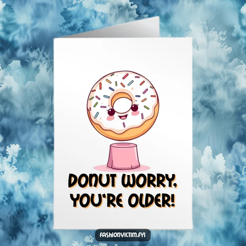 Funny Free Printable Birthday Card: Dramatic donut with sprinkles poses precariously on a tiny pedestal, ready for a sweet celebration.