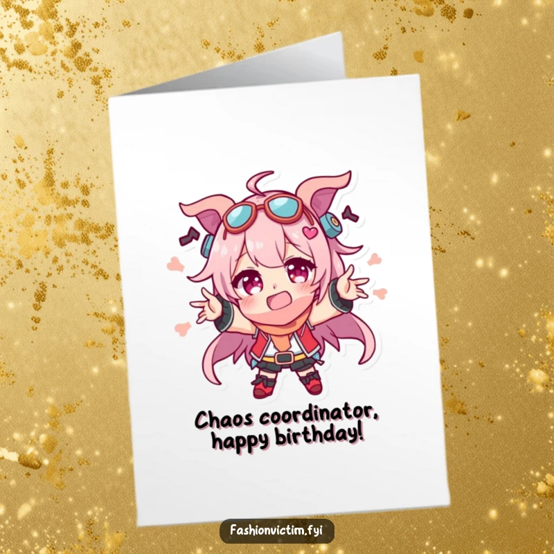 Funny Free Printable Birthday Card: Chaotic character in mismatched accessories, yelling joyfully, perfect DIY gift.