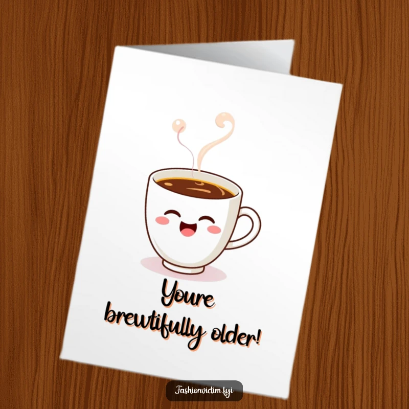 Funny Free Printable Birthday Card: A Kawaii coffee cup winks excitedly, surrounded by warm, inviting steam.