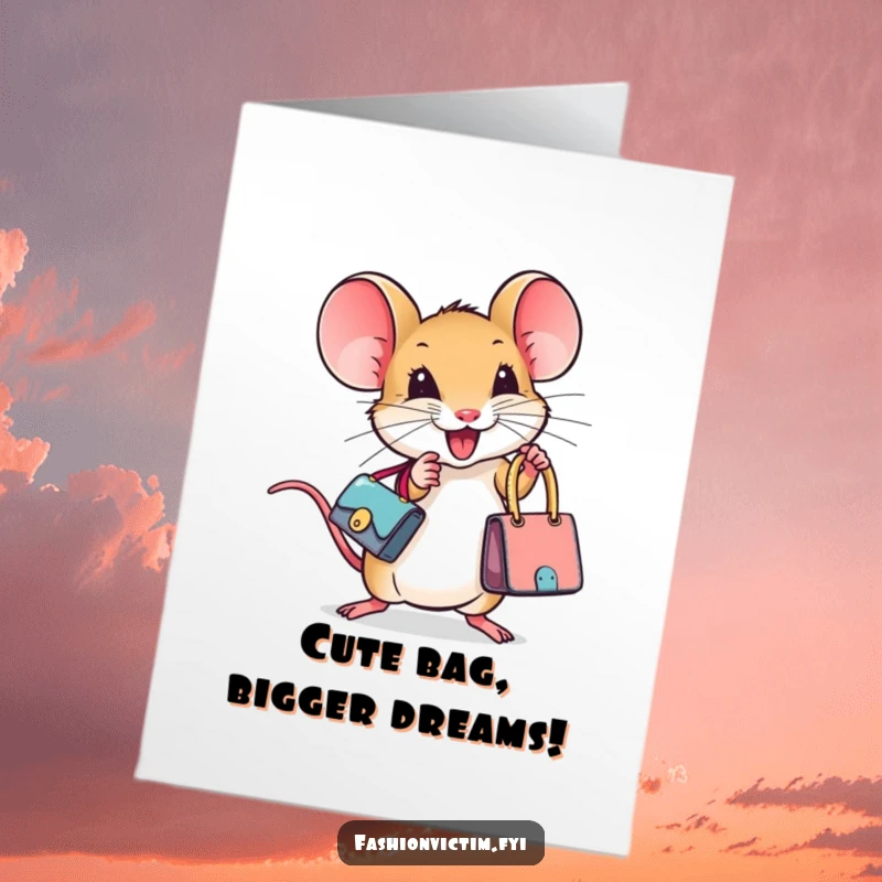 Funny Free Printable Birthday Card: Tiny mouse in haute couture clutching a miniature designer handbag, ready for a stylish celebration.