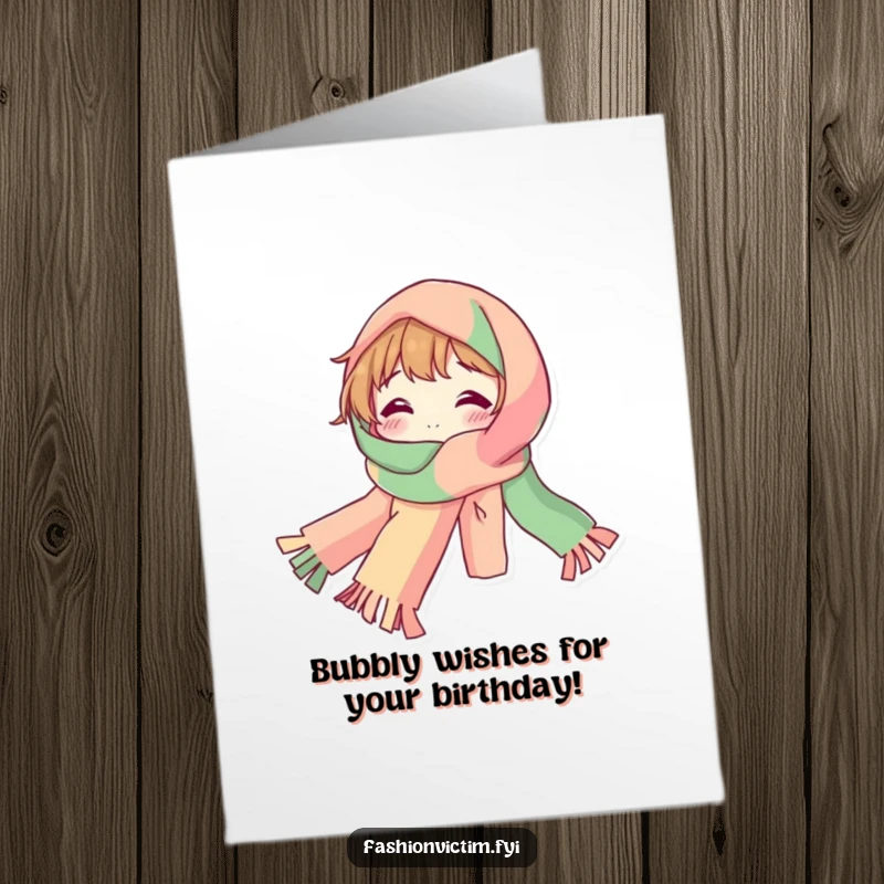 Funny Free Printable Birthday Card: Bubbly character draped in a ridiculously long, vibrant, colorful scarf.