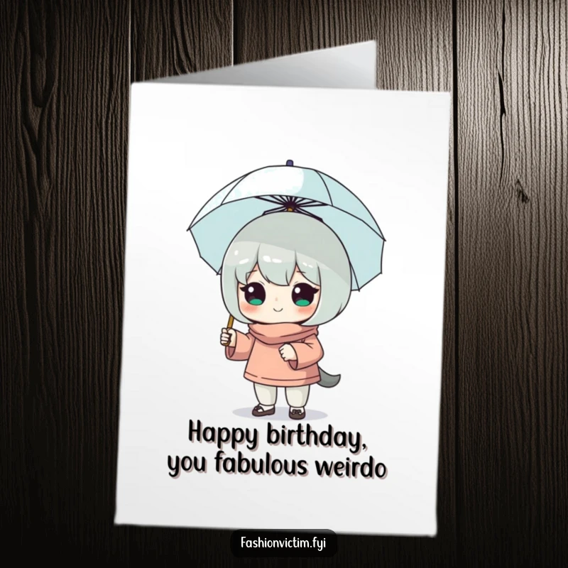 Funny Free Printable Birthday Card: Character confidently posing with an impossibly small umbrella, a delightful downloadable gift.