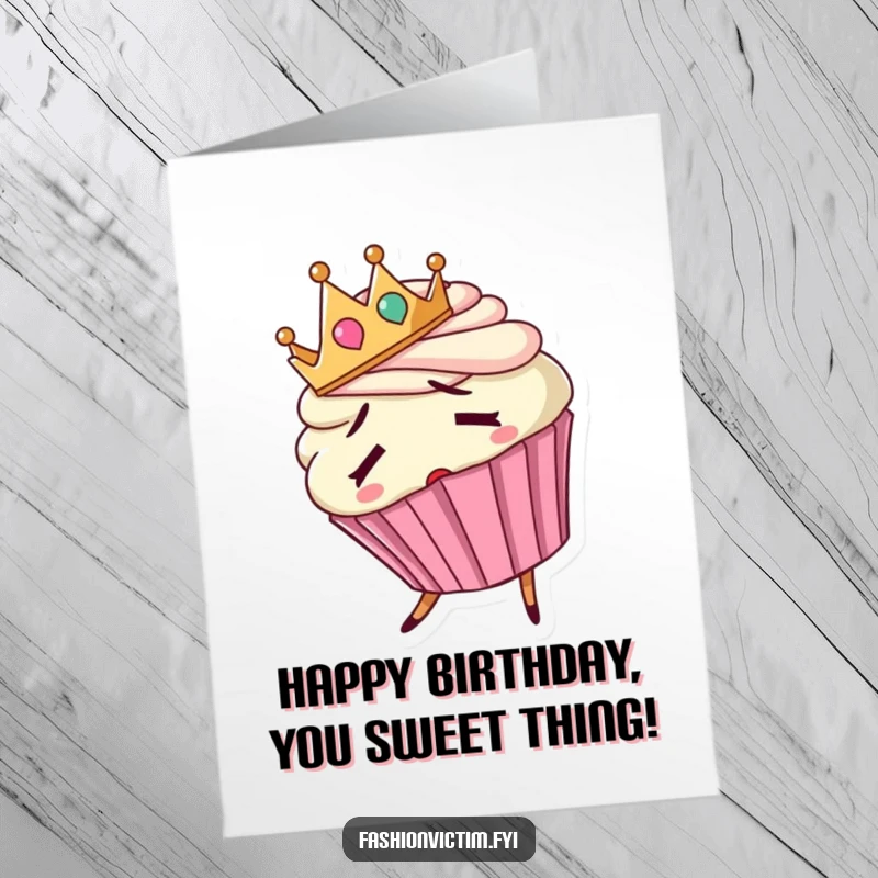 Funny Free Printable Birthday Card: Confused cupcake wearing a tiny crown backwards, about to trip.