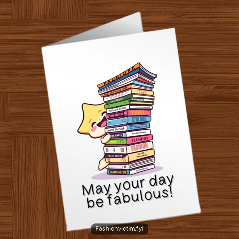 Funny Free Printable Birthday Card: A laughing star character hilariously tries to balance an impossibly tall stack of fashion magazines.