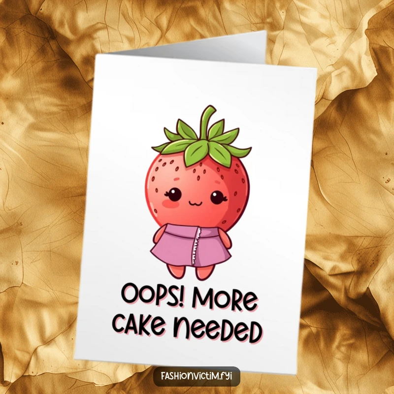 Funny Free Printable Birthday Card: Shy strawberry in a ripped dress, looking embarrassed but fashionable, perfect for a giggle.