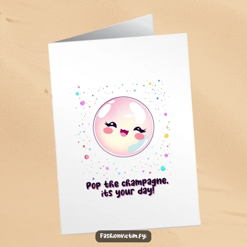 Funny Free Printable Birthday Card: A bubble character joyfully popping amidst a dazzling shower of glitter and shiny sequins, celebrating with glee.