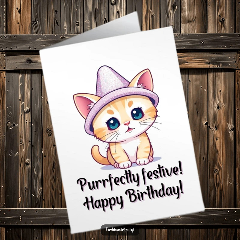 Funny Free Printable Birthday Card: Tiny cat trying on an oversized dazzling sparkly hat, a humorous greeting.