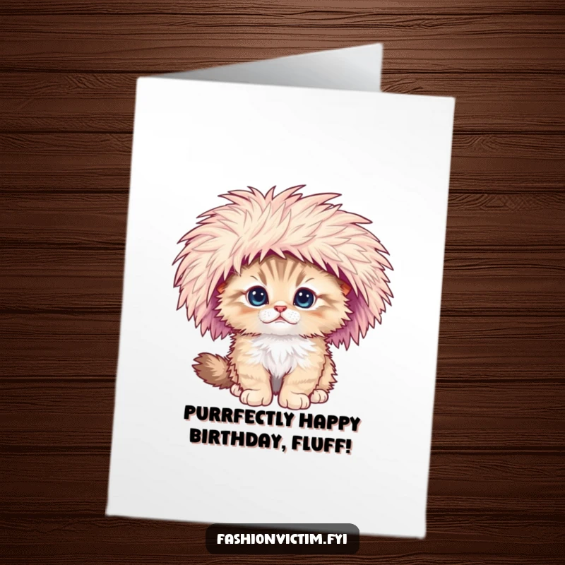 Funny Free Printable Birthday Card: Fluffy kitten in a giant feathered hat, comically falling over.