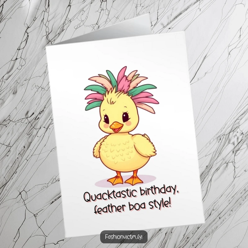 Funny Free Printable Birthday Card: Flamboyant duckling in a pink boa parading with birthday spirit, a hilarious downloadable gift.