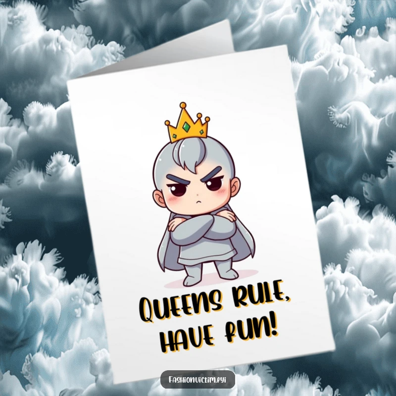 Funny Free Printable Birthday Card: Character poses dramatically, arms crossed, with a tiny, askew crown. DIY gift.