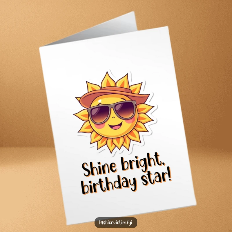 Funny Free Printable Birthday Card: Smiling sun character sporting cool oversized sunglasses and a stylish hat.