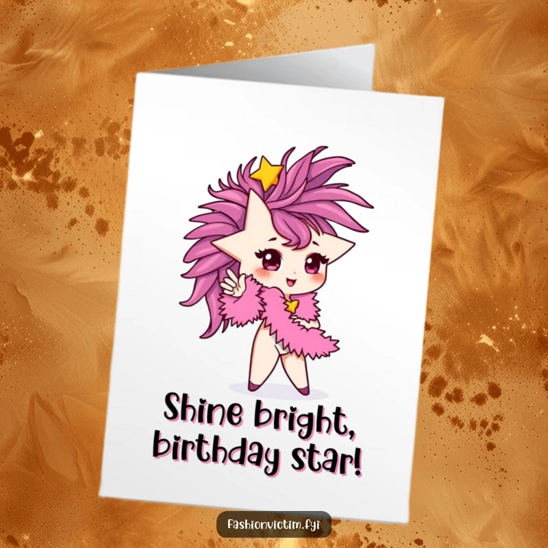 Funny Free Printable Birthday Card: Tiny star character striking a diva pose, draped in a fluffy feather boa, looking fabulous.