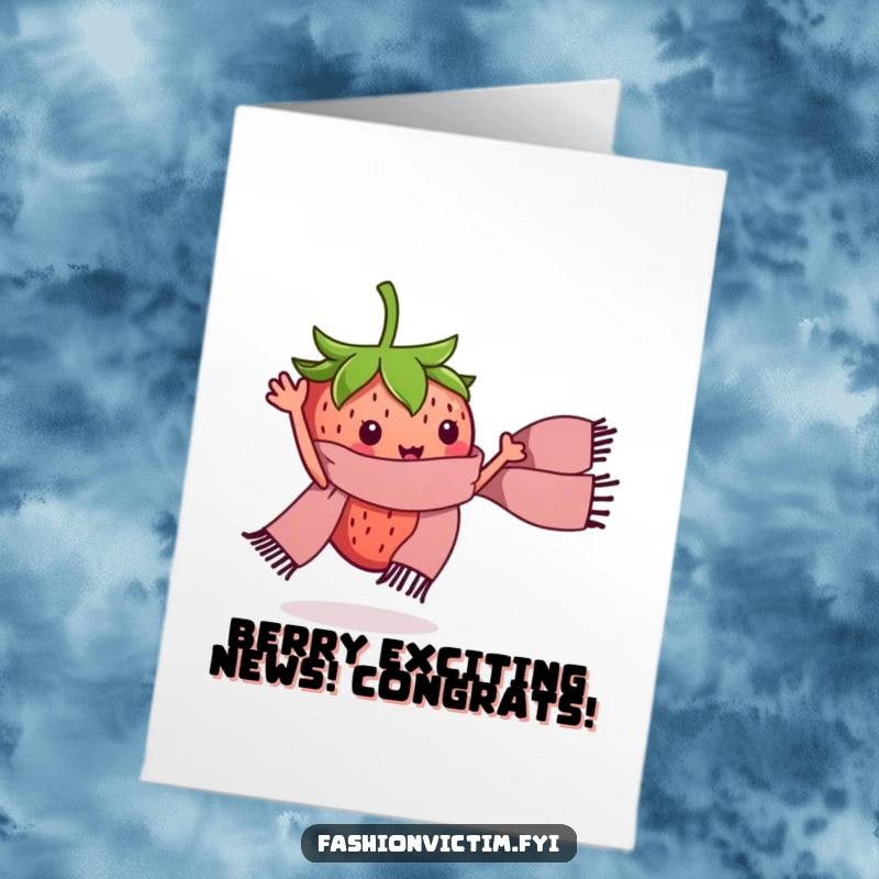 Funny Free Printable Congratulations Card: A tiny strawberry character energetically waving a miniature, fashionable scarf.