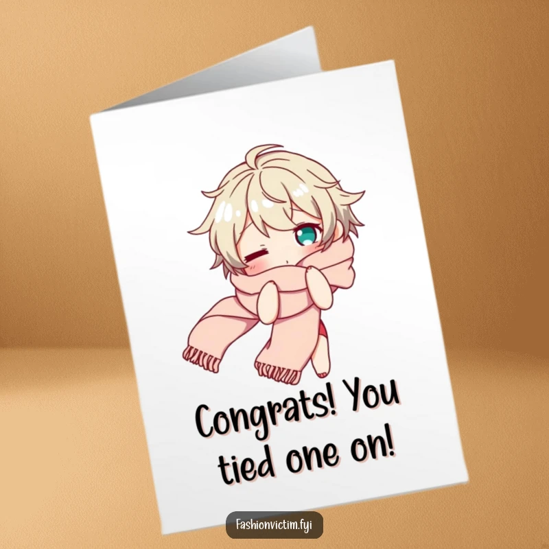 Funny free printable congratulations card showing a character bewildered and tangled in a long scarf, celebrating wins with humor.