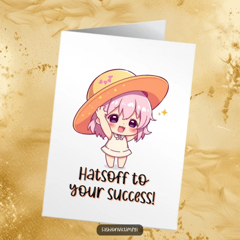Funny free printable congratulations card of a Character playfully putting on a huge sequined hat, celebrating big wins.