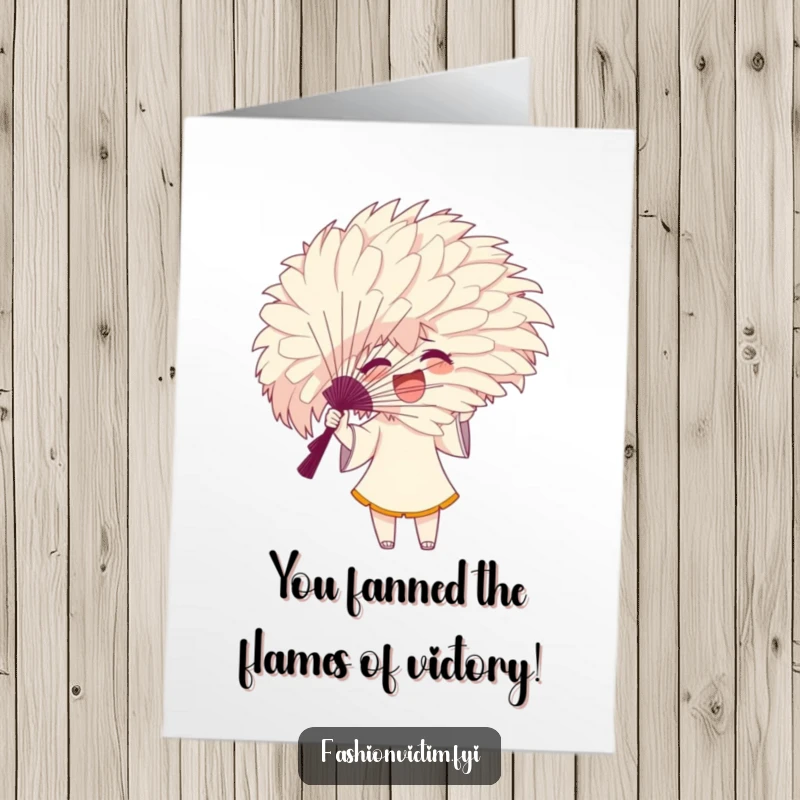 Funny Free Printable Congrats Card: Character celebrating with a large feathery fan obscuring their face, congratulating achievement.
