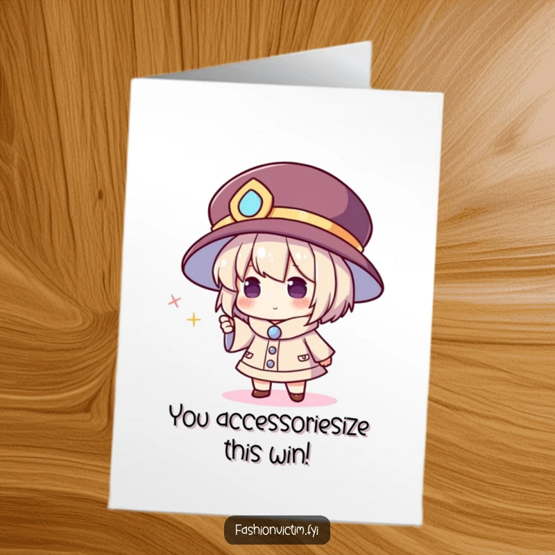 Funny Free Printable Congrats Card: Man with oversized hat cheering with a tiny shiny object.