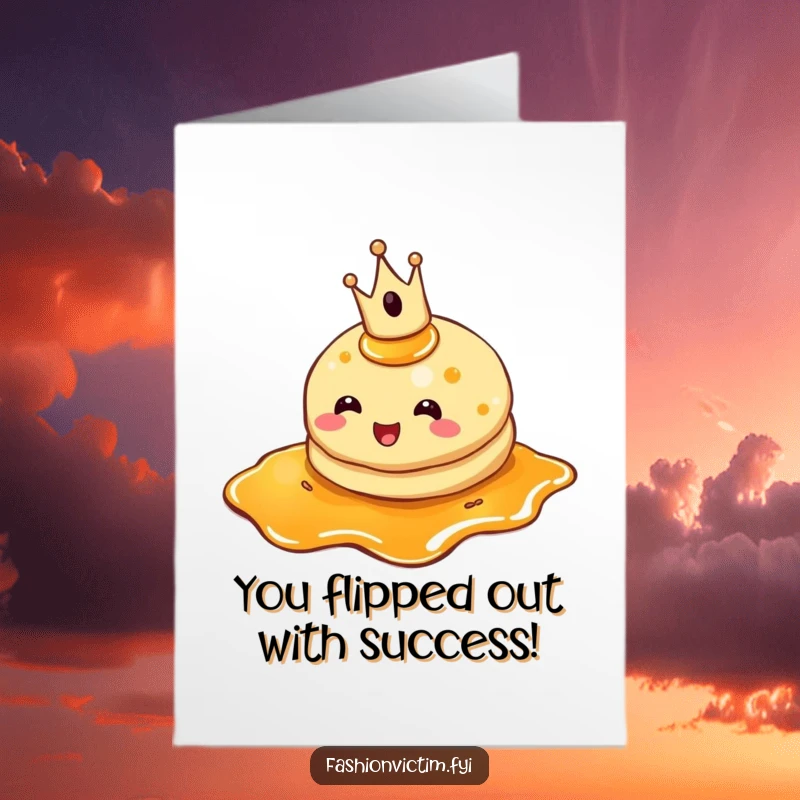Funny Free Printable Congrats Card: A crowned pancake has a syrup mishap, celebrating sweet success.