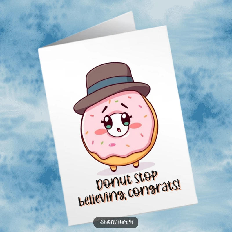 Funny Free Printable Congrats Card: Donut character in a designer hat shocked by its reflection, a humorous DIY gift.
