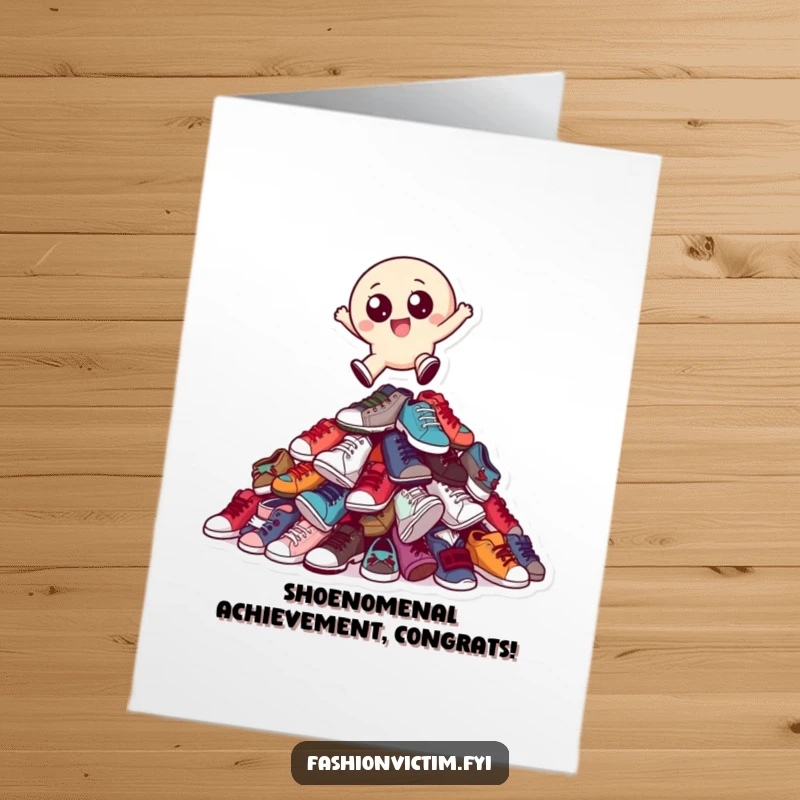 Funny Free Printable Congrats Card: Small, round, big-eyed character joyfully leaping over a mountain of shoes, a quirky success symbol.