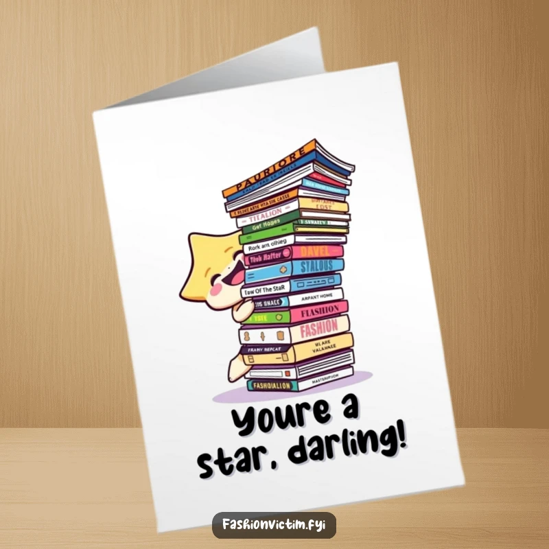 Funny Free Printable Congratulations Card: A star character laughing while attempting to keep a huge stack of fashion magazines from toppling over.
