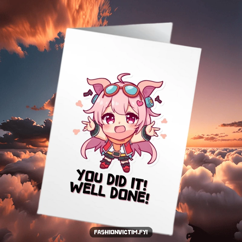 Funny Free Printable Congrats Card: Character in flamboyant mismatched accessories, cheering wildly, great downloadable art.