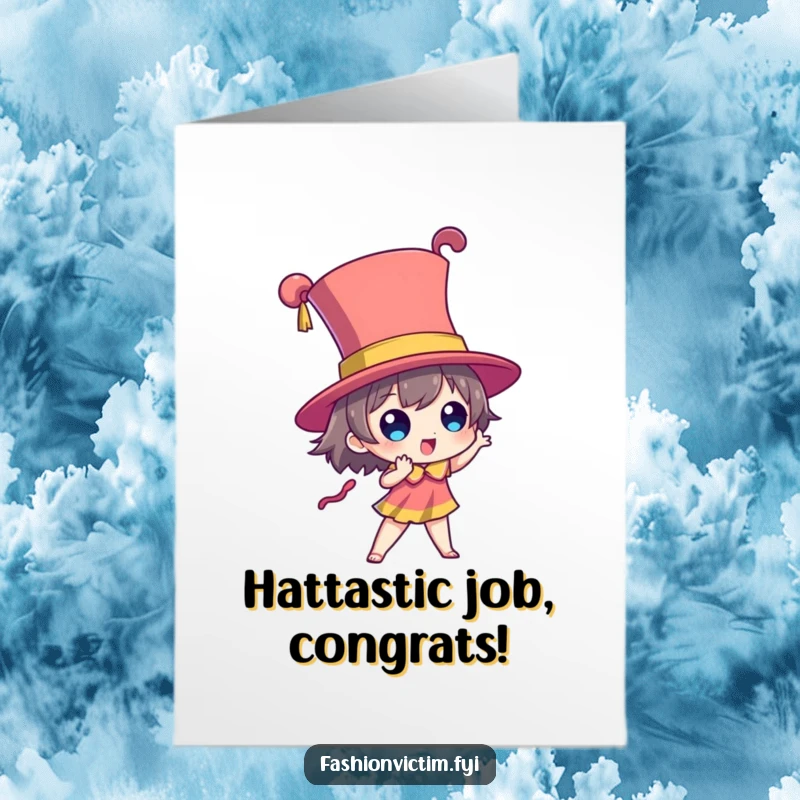 Funny Free Printable Congrats Card of a character posing dramatically in a towering, brightly colored hat, celebrating success.