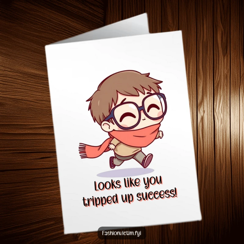 Funny Free Printable Congrats Card: Character with oversized glasses tripping on a scarf, a humorous take on overcoming challenges.